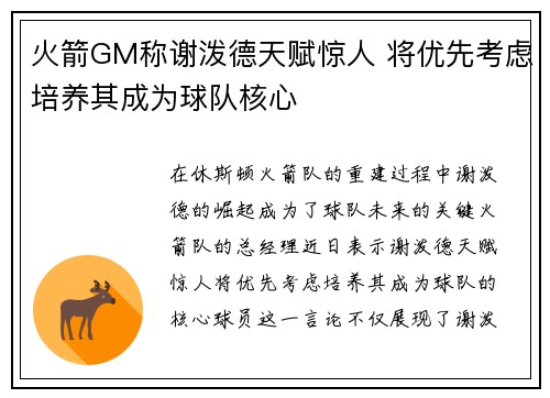 火箭GM称谢泼德天赋惊人 将优先考虑培养其成为球队核心