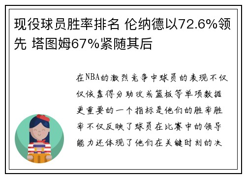 现役球员胜率排名 伦纳德以72.6%领先 塔图姆67%紧随其后
