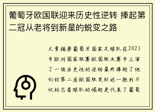 葡萄牙欧国联迎来历史性逆转 捧起第二冠从老将到新星的蜕变之路